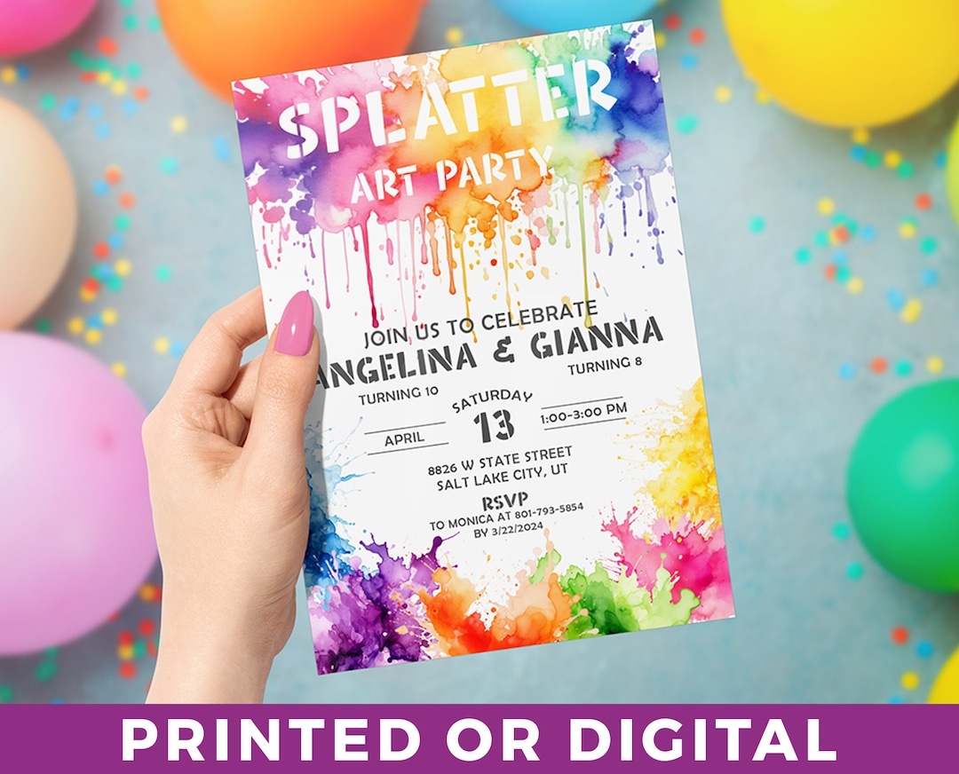 Splatter Art Party PRINTED Invitation Painting Party Invite Splatter Paint Birthday Invitation Etsy