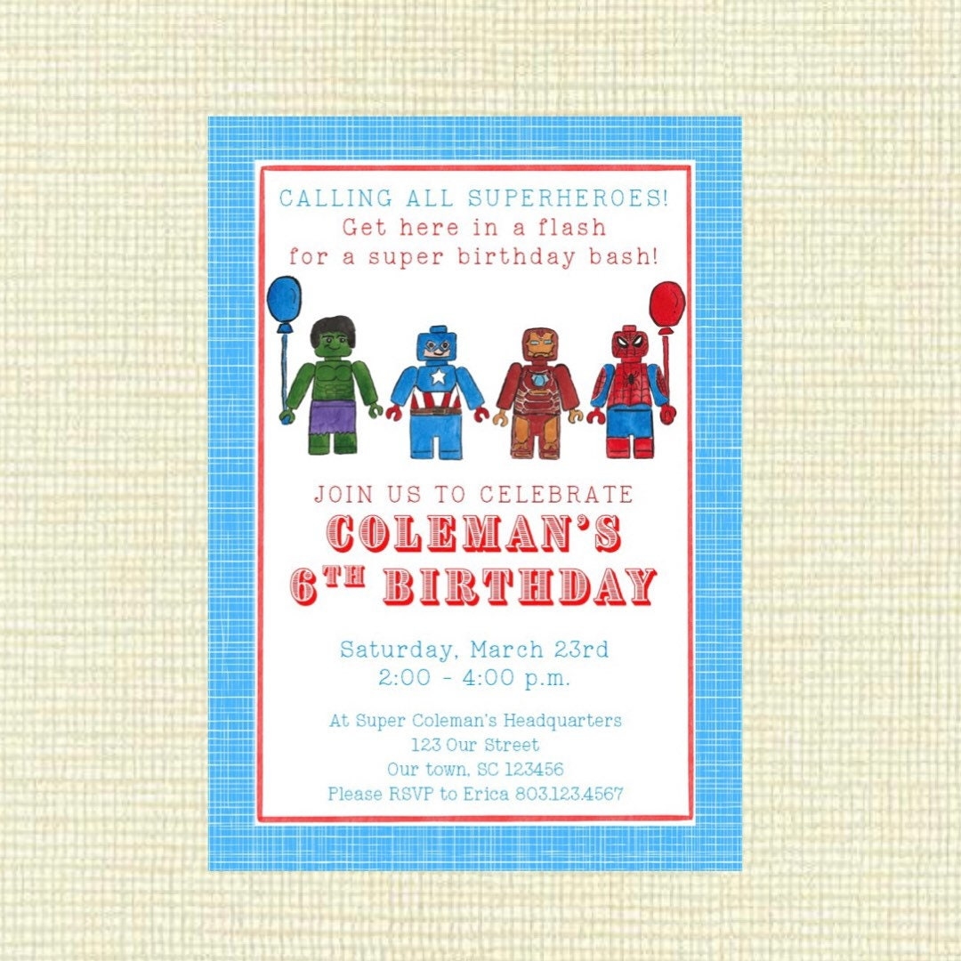 Super Hero Lego Birthday Party Invitation Etsy