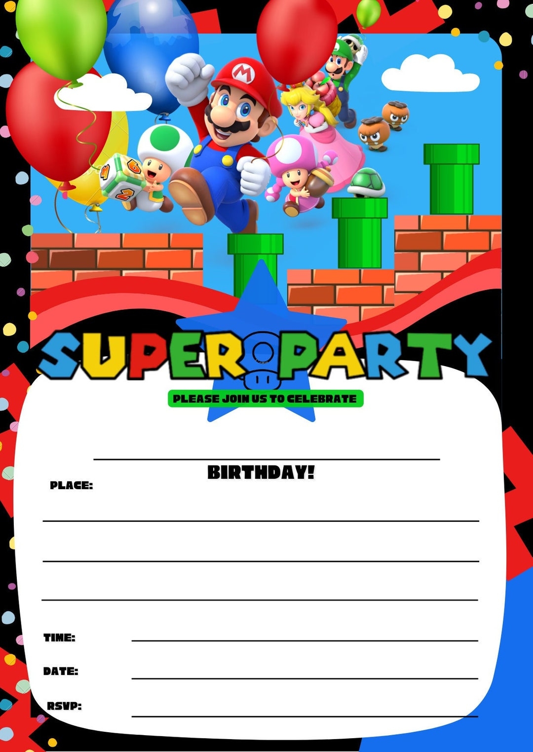 Super Party Mario Theme Birthday Party Invitation Printable Digital Download Etsy