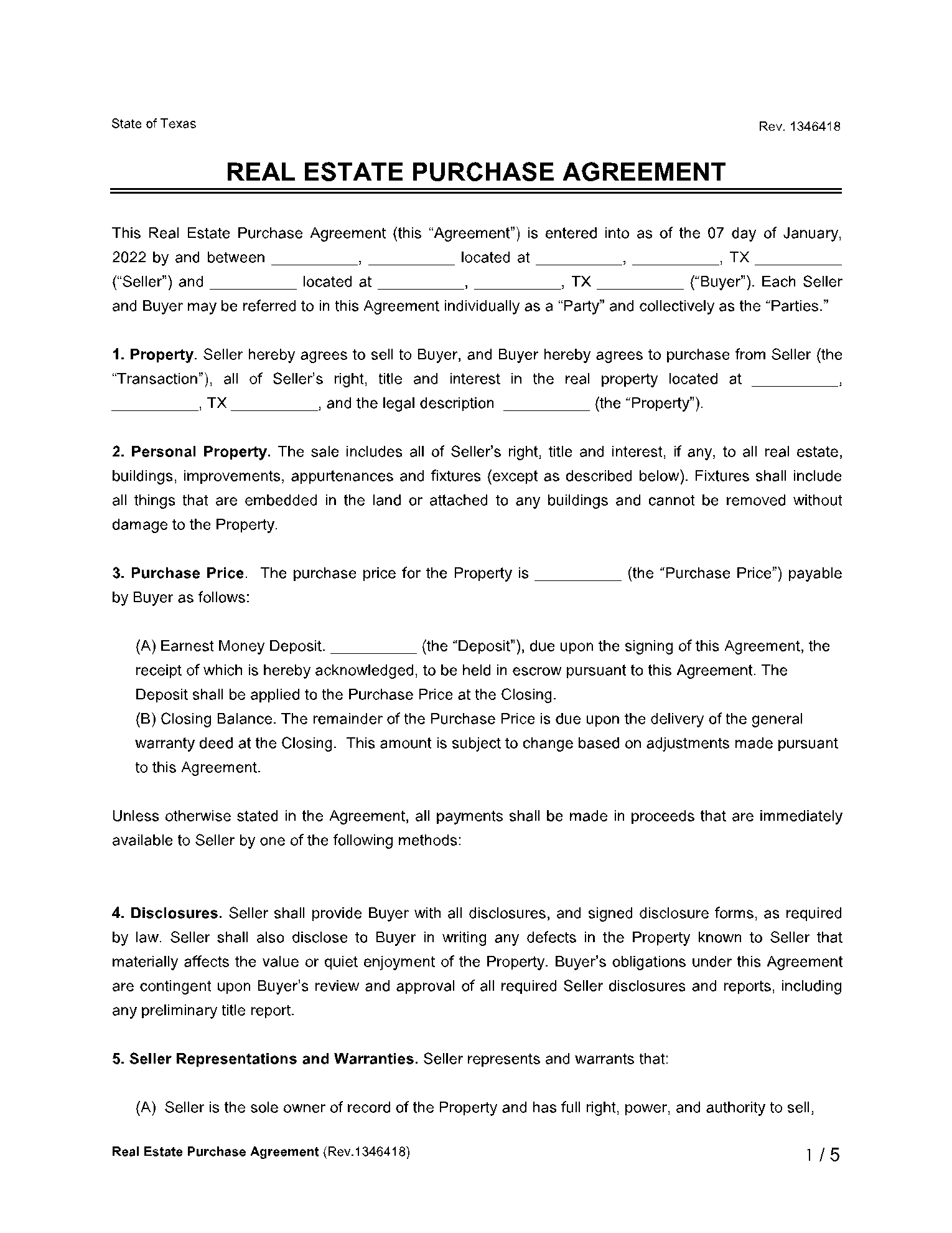 Texas Real Estate Purchase Agreement Form 100 Free CocoSign