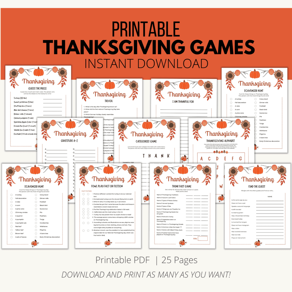Thanksgiving Games Printable Downloadable PDF 