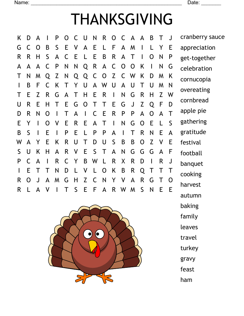 Thanksgiving Word Search WordMint