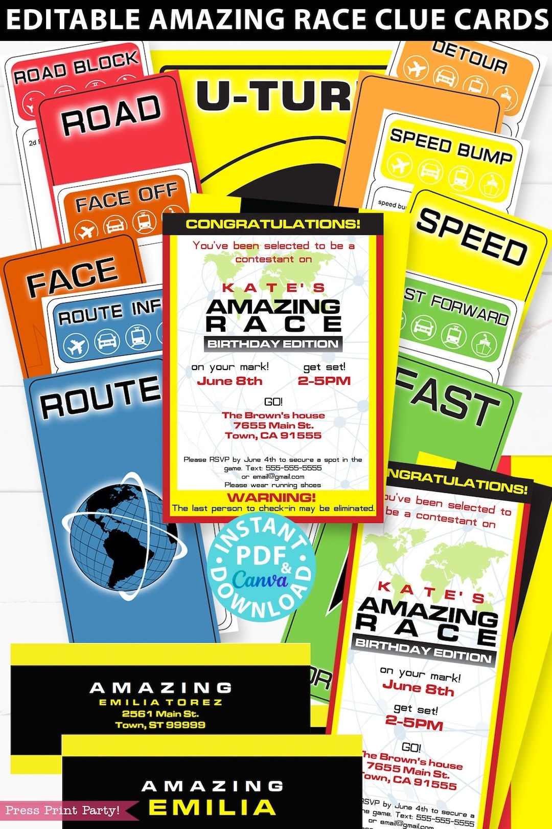 The Amazing Race Party Printable Invitation And Clue Cards Editable Route Marker Amazing Race Clue Cards Game Cards INSTANT DOWNLOAD Etsy