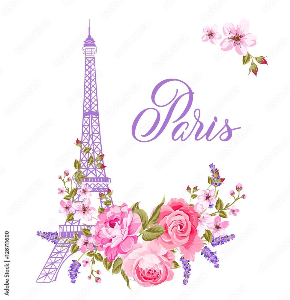 The Marriage Card Wedding Invitation Card Template Eiffel Tower Symbol With Spring Blooming Flowers Over Gray Text Pattern With Sign Paris Souvenir Vector Illustration Stock Vector Adobe Stock