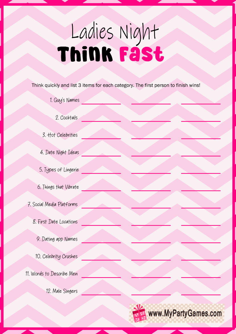 Think Fast Free Printable Ladies Night Game