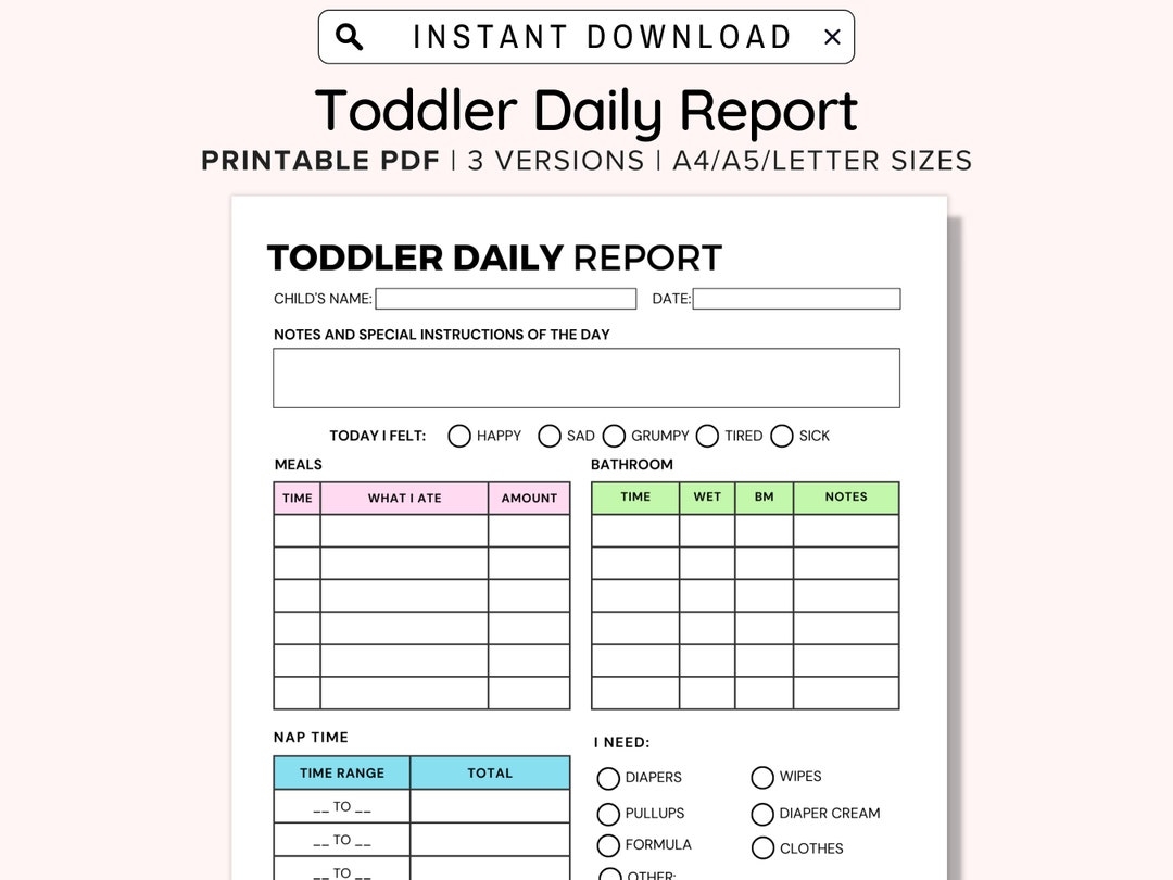 Toddler Daily Report Daily Log For Daycare Preschool Nanny Babysitter Childcare Centre Home Daycare Infant Report Daycare Reports Etsy