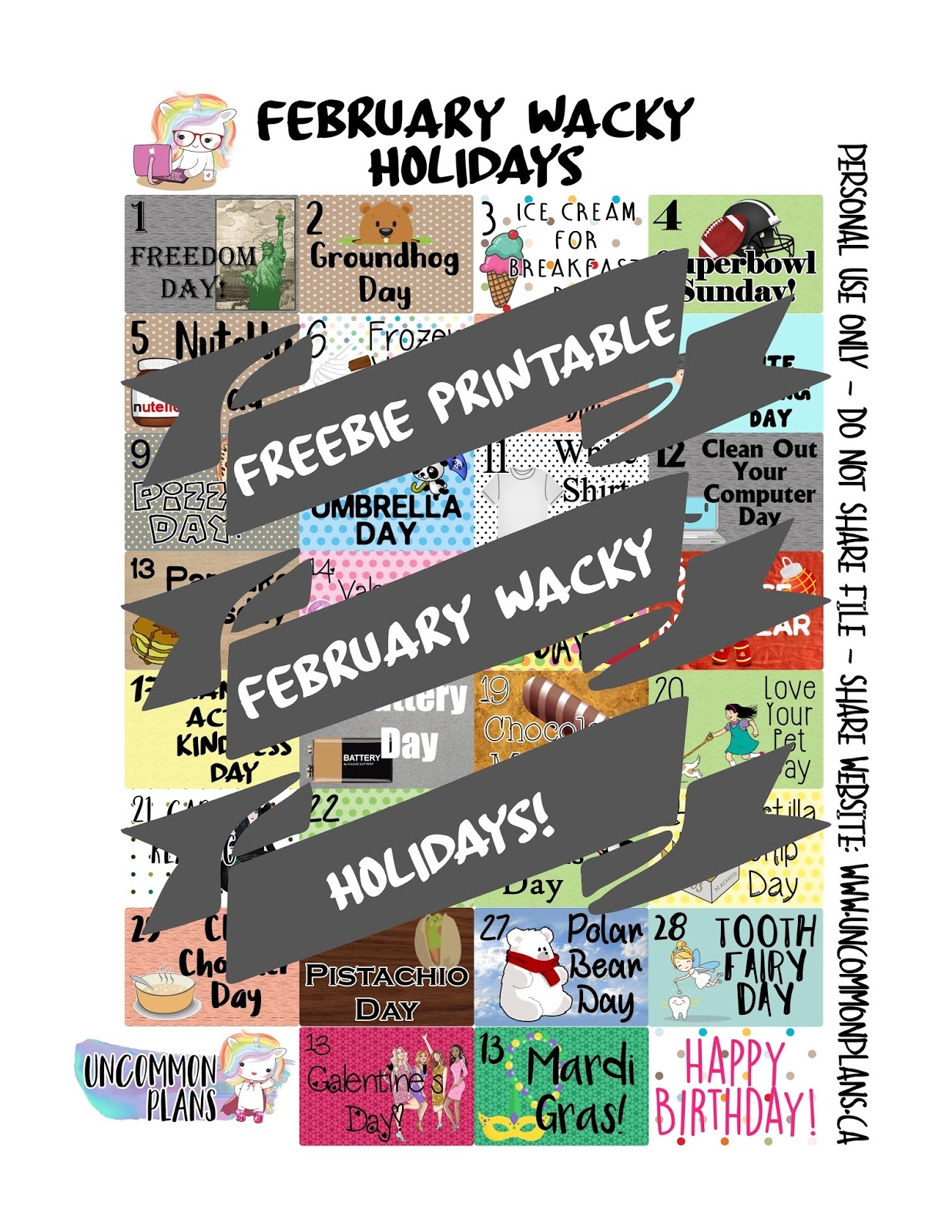 Uncommon Plans Freebie Printable Planner Stickers February Wacky Holidays 