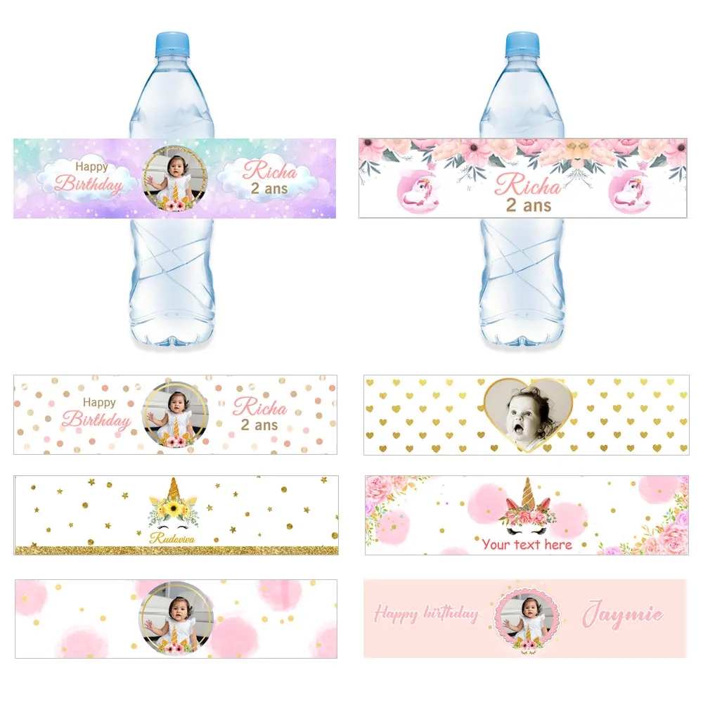 Unicorn Happy Birthday Party Water Bottle Stickers Custom Name Personalized Baby Shower Baptism Kids Festive Event Supplies