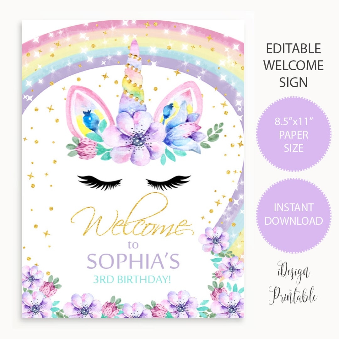 Unicorn Welcome Sign Unicorn Birthday Party Welcome Sign Instant Download Rainbow Unicorn Welcome Sign Printable purple Unicorn Party Sign Etsy