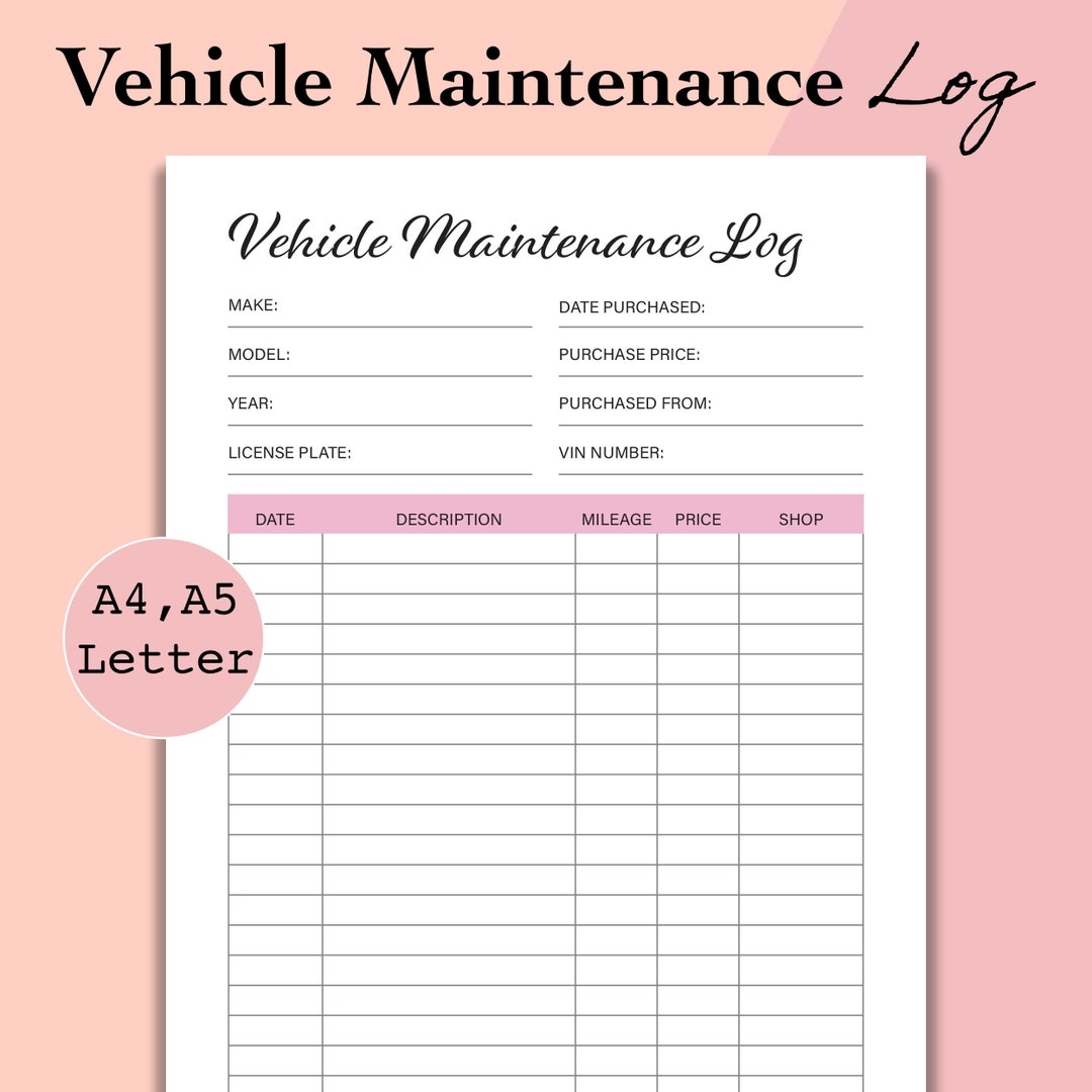 Vehicle Maintenance Log Car Maintenance Log Printable Auto Repairs Tracker Auto Maintenance Log Template A5 A4 Letter PDF Download Etsy