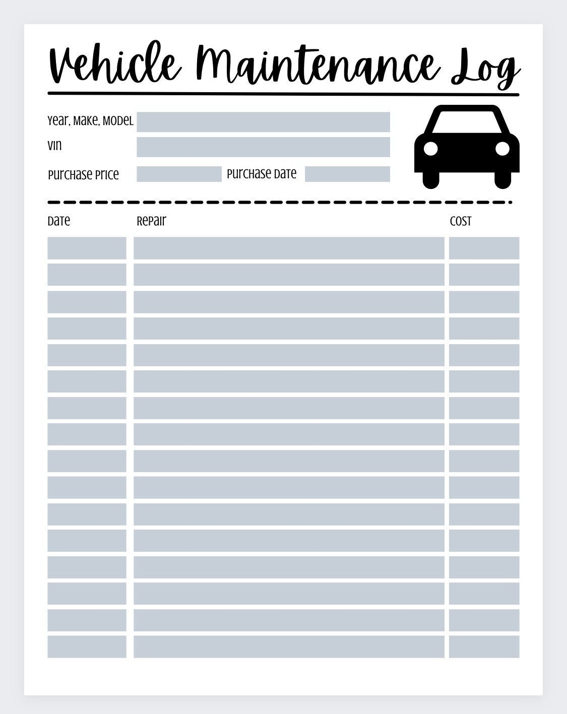 Vehicle Maintenance Log Etsy