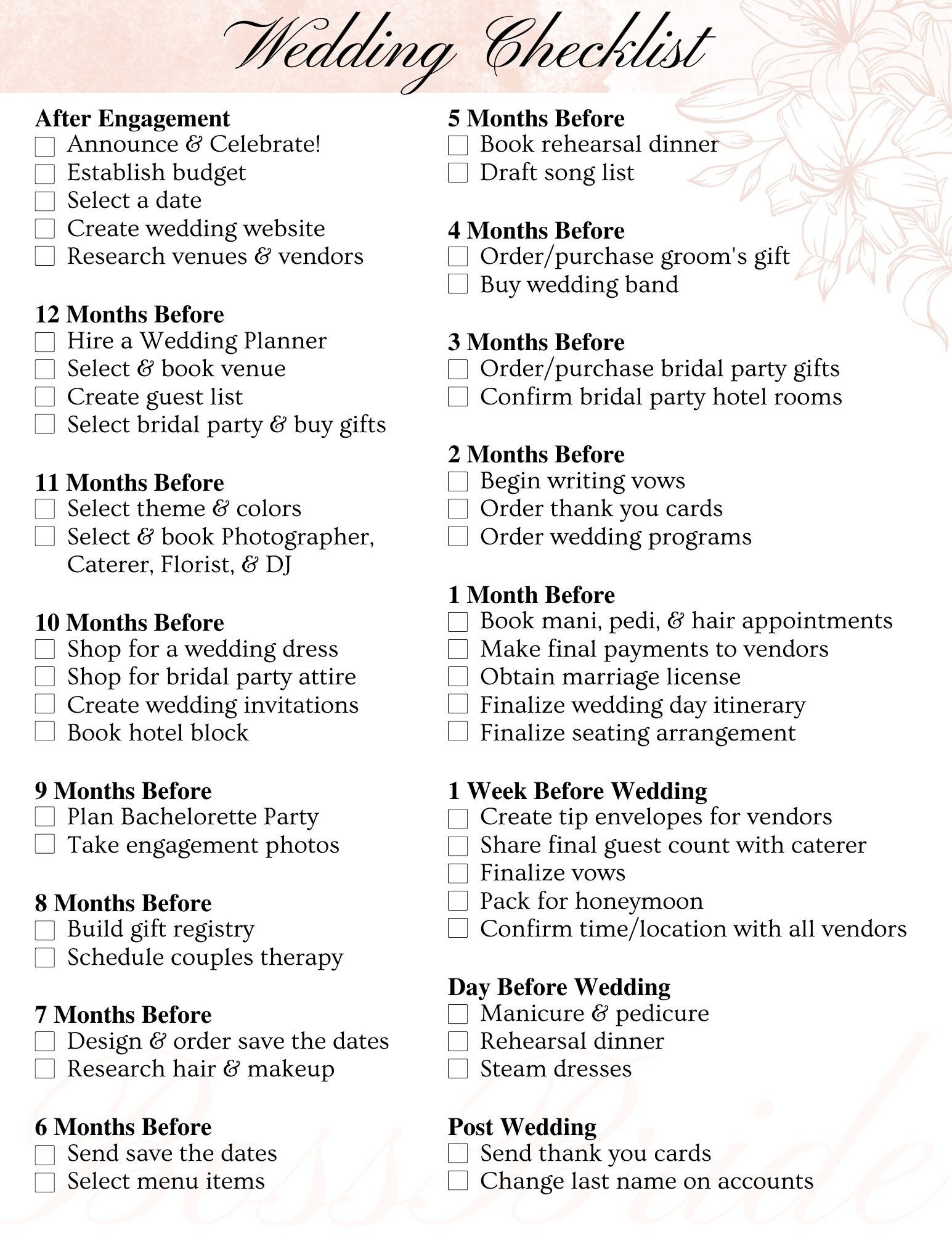 Wedding Checklist Editable Printable Instant Download Wedding Planner Wedding Template Etsy