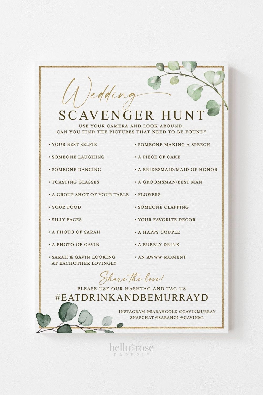 Wedding Photo Scavenger Hunt Personalized Game Wedding Reception Game With Hashtag I Spy Camera Greenery Gold Printable Download G2 Etsy