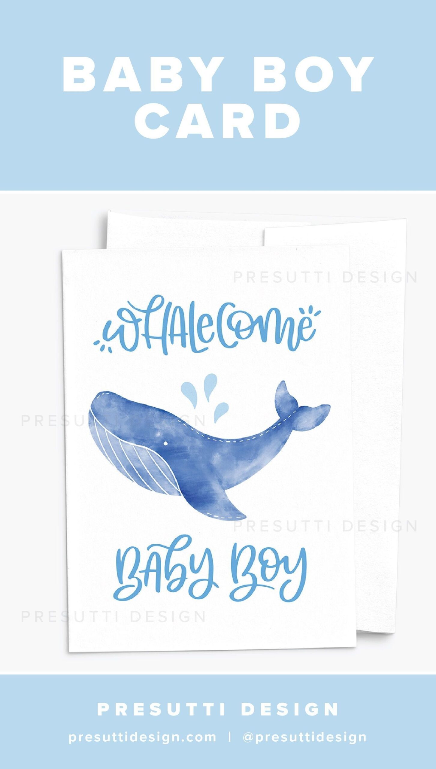 WHALEcome Baby Boy Blue Whale Watercolor Baby Shower Card Design