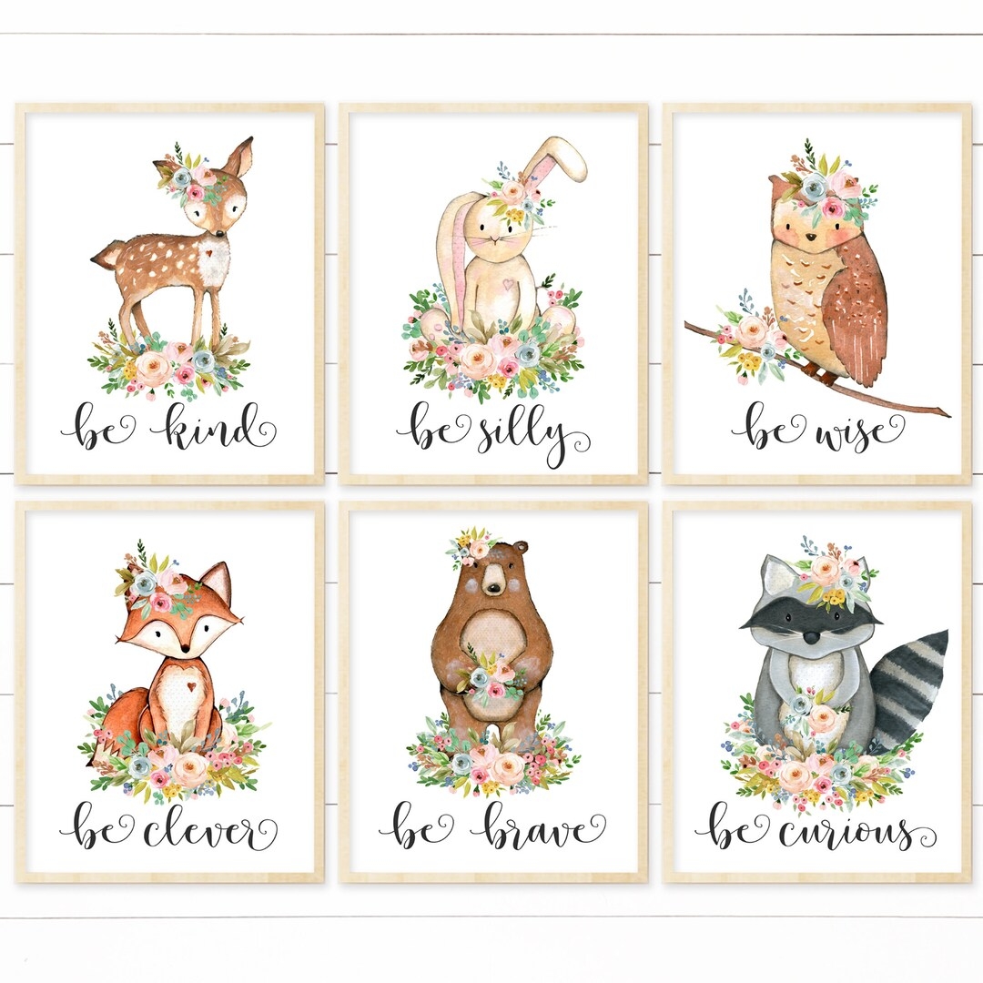 Woodland Nursery Decor Art Prints PRINTABLE Floral Baby Girl Nursery Wall Art Woodland Nursery Girl Woodland Animal Nursery Art Woodland Etsy