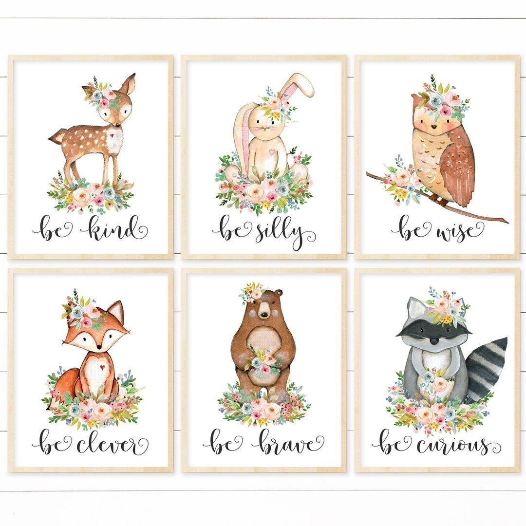 Woodland Nursery Decor Art Prints PRINTABLE Floral Baby Girl Nursery Wall Art Woodland Nursery Girl Woodland Animal Nursery Art Woodland Etsy