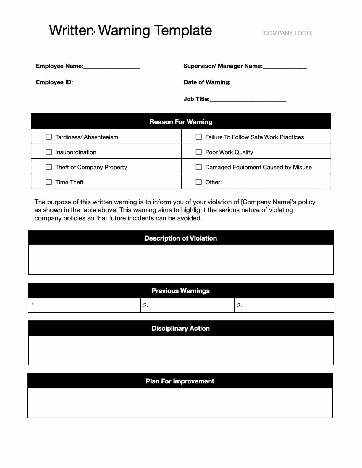 Written Warning Templates Download Print For Free 
