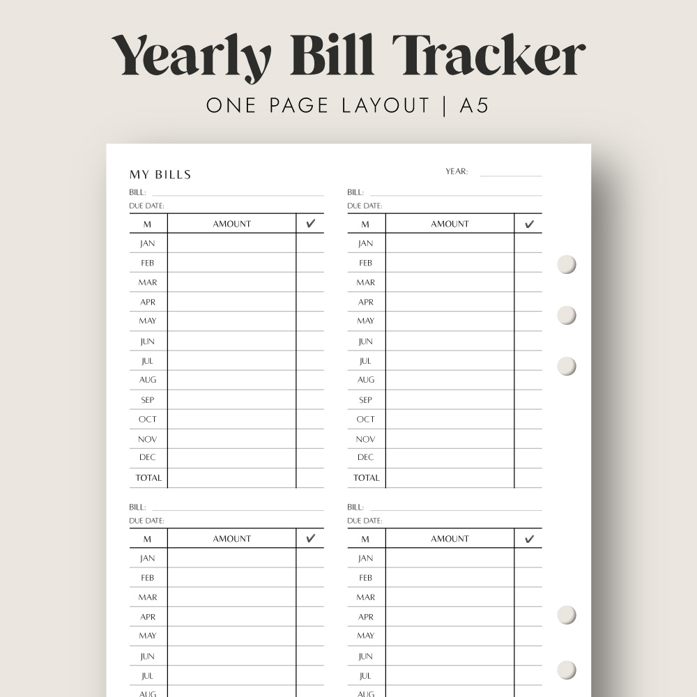 Yearly Bill Tracker Printable A5 Size