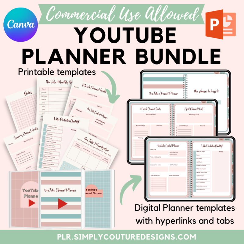YouTube Planner Printable Digital Bundle Simply Couture PLR