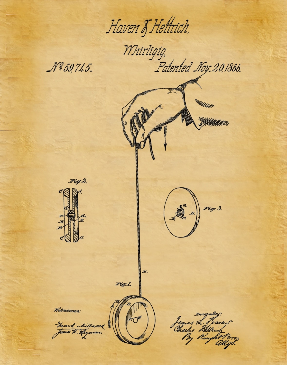 1866 YoYo Patent Print Whirligig Toy Patent Print YoYo Poster Print Yoyo Invention Print Game Room Decor 