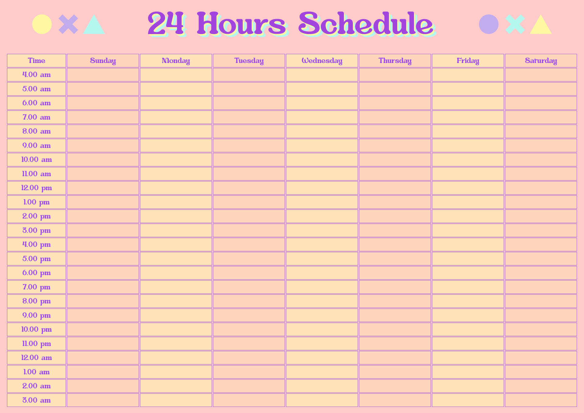 Free Printable 24 Hour Schedule