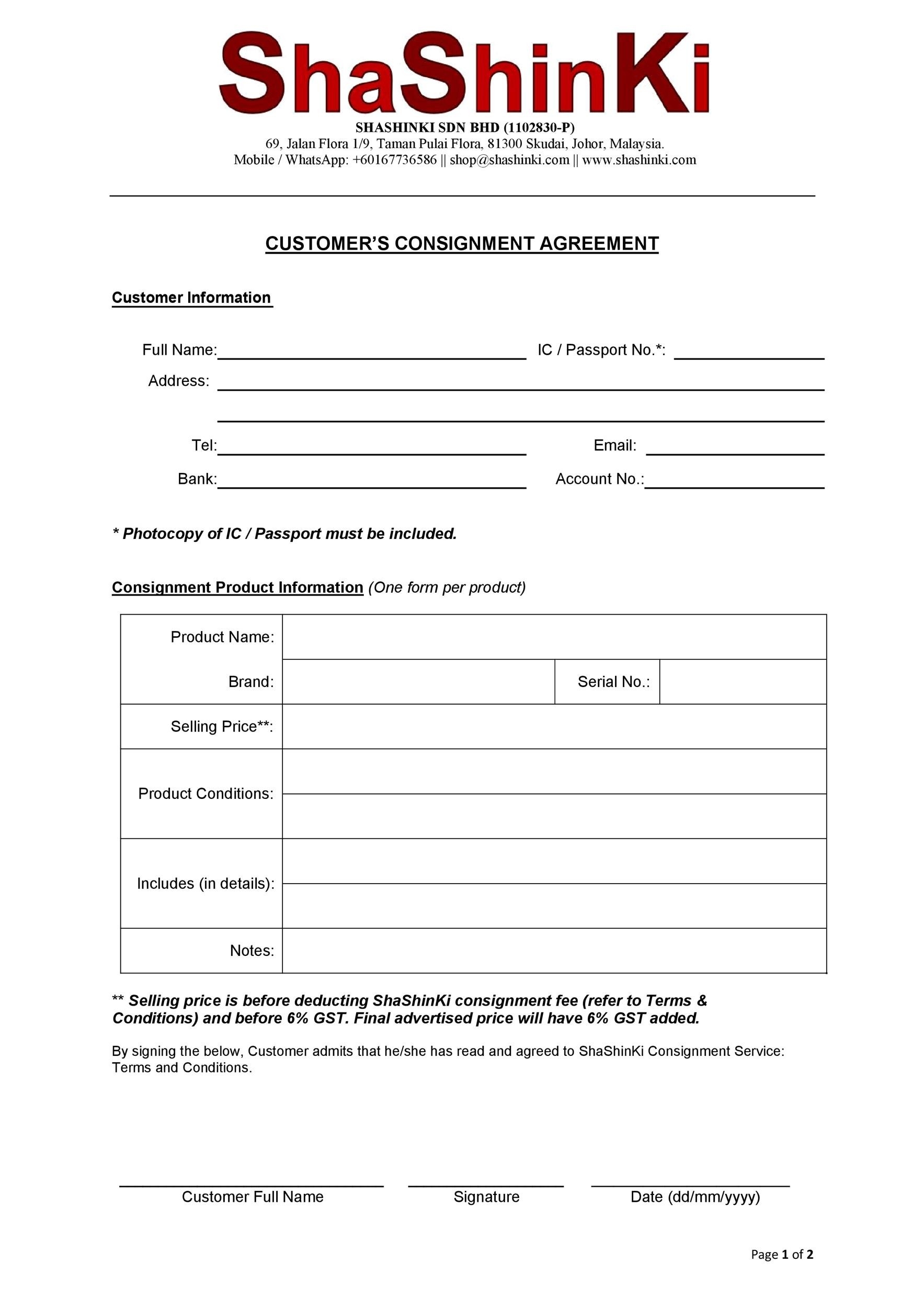 Free Printable Consignment Contract