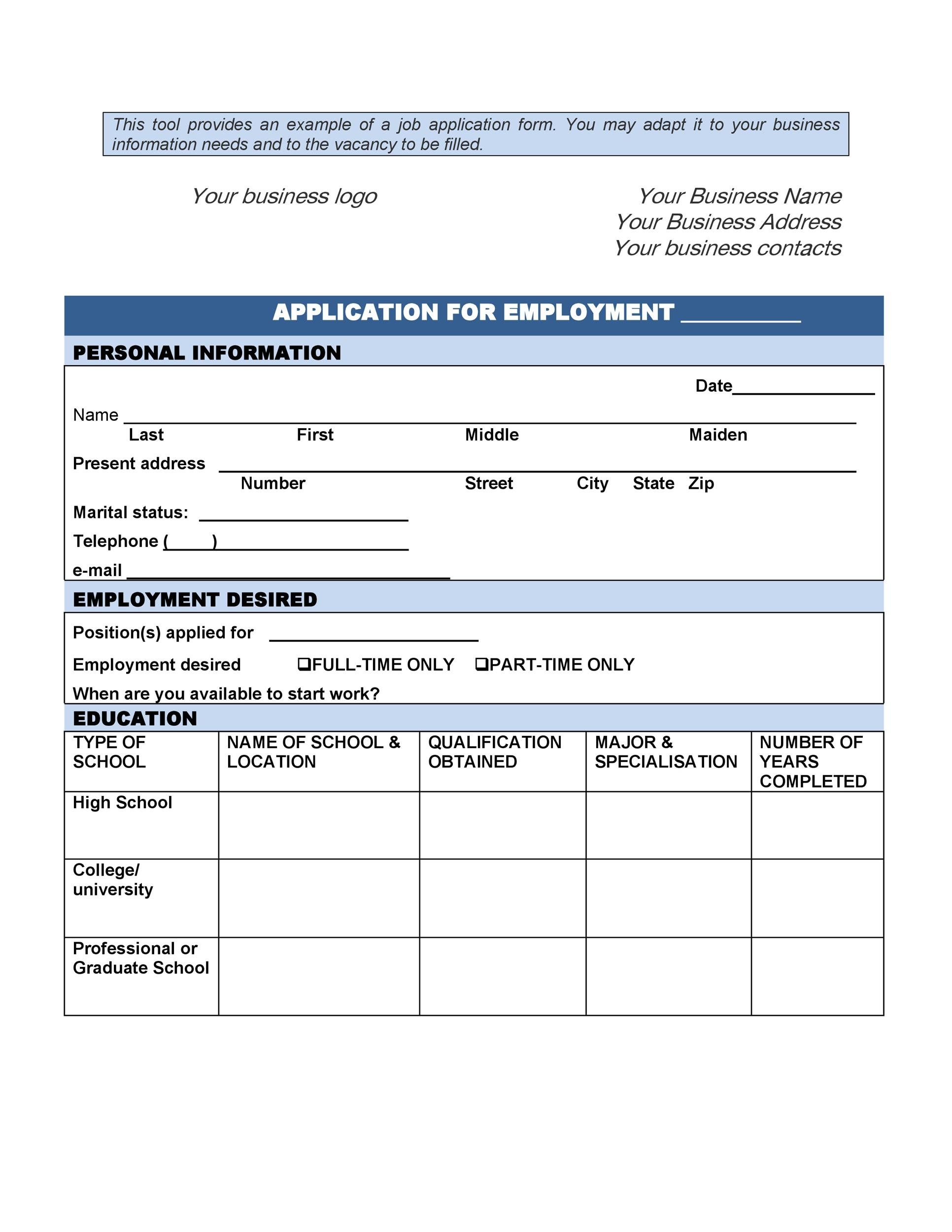 Job Application Free Printable