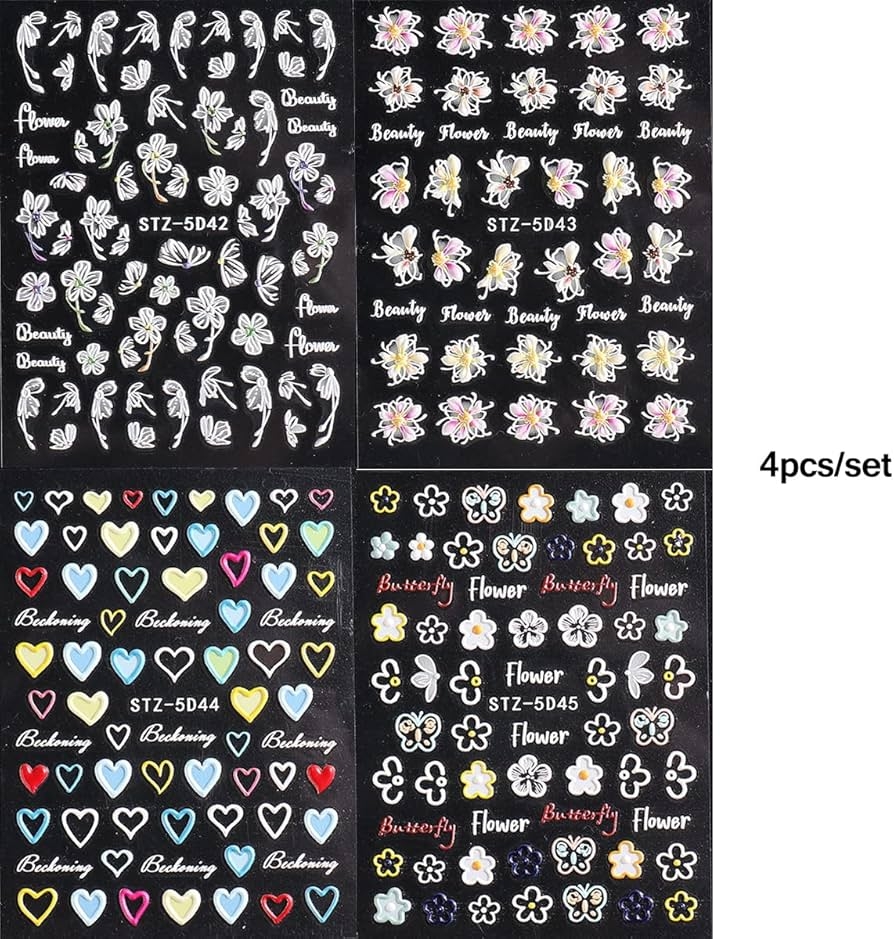 5D Embossed Flowers Nail Art Stickers For Acrylic Nails 4 Sheets Worksheets Library