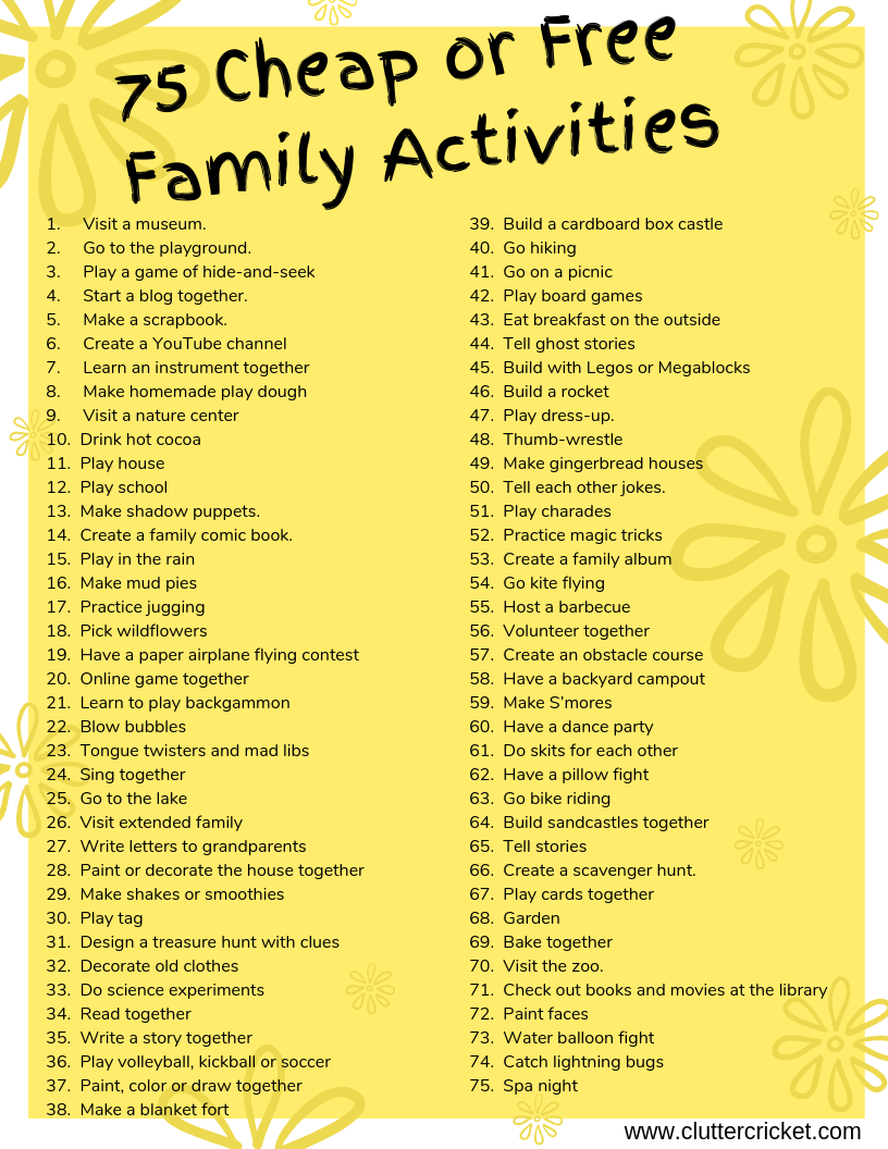 75 Cheap Or Free Family Activities With FREE Printable CLUTTER CRICKET
