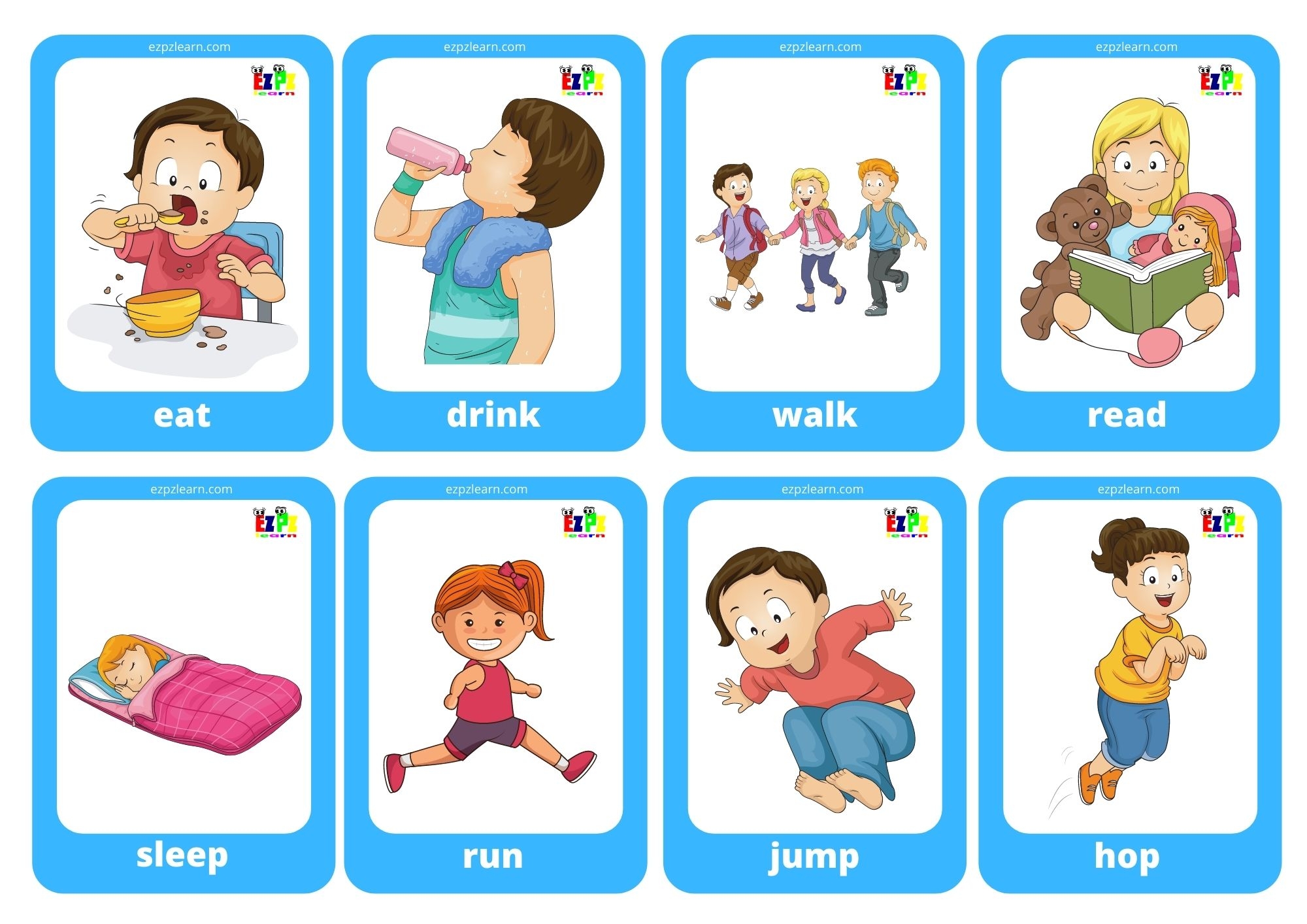 Action Verbs Game Cards Mini Flashcards Ezpzlearn