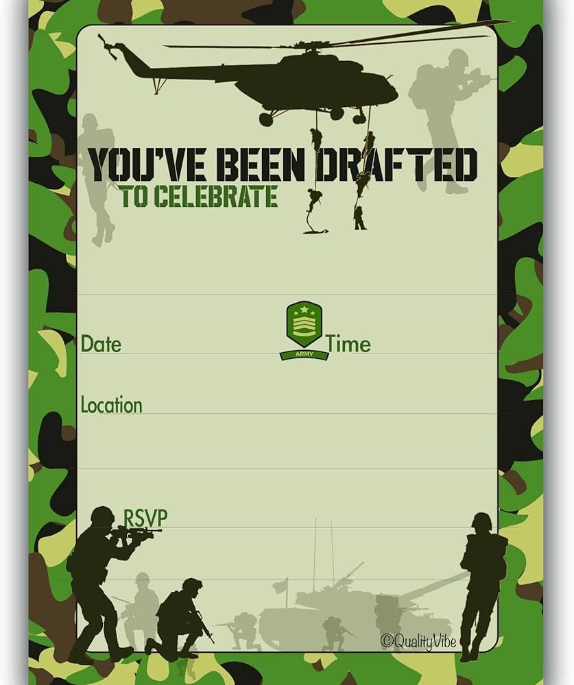 Amazon 25 Army Birthday Invitations With Envelopes Fill In Style You re Invited For Camo Military Theme Birthday Parties Or Sleepover Camouflage Military Special Forces Or Secret Operation Theme Thick 