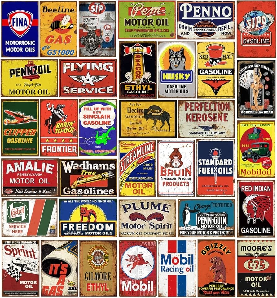 Amazon 35 Pieces Reproduced Vintage Tin Signs Gas Oil Retro Advert Antique Metal Signs For Garage Man Cave Bar Kitchen Nostalgic Car Decor 8x12 Inch 35pcs Gas Oil 2 Home Kitchen
