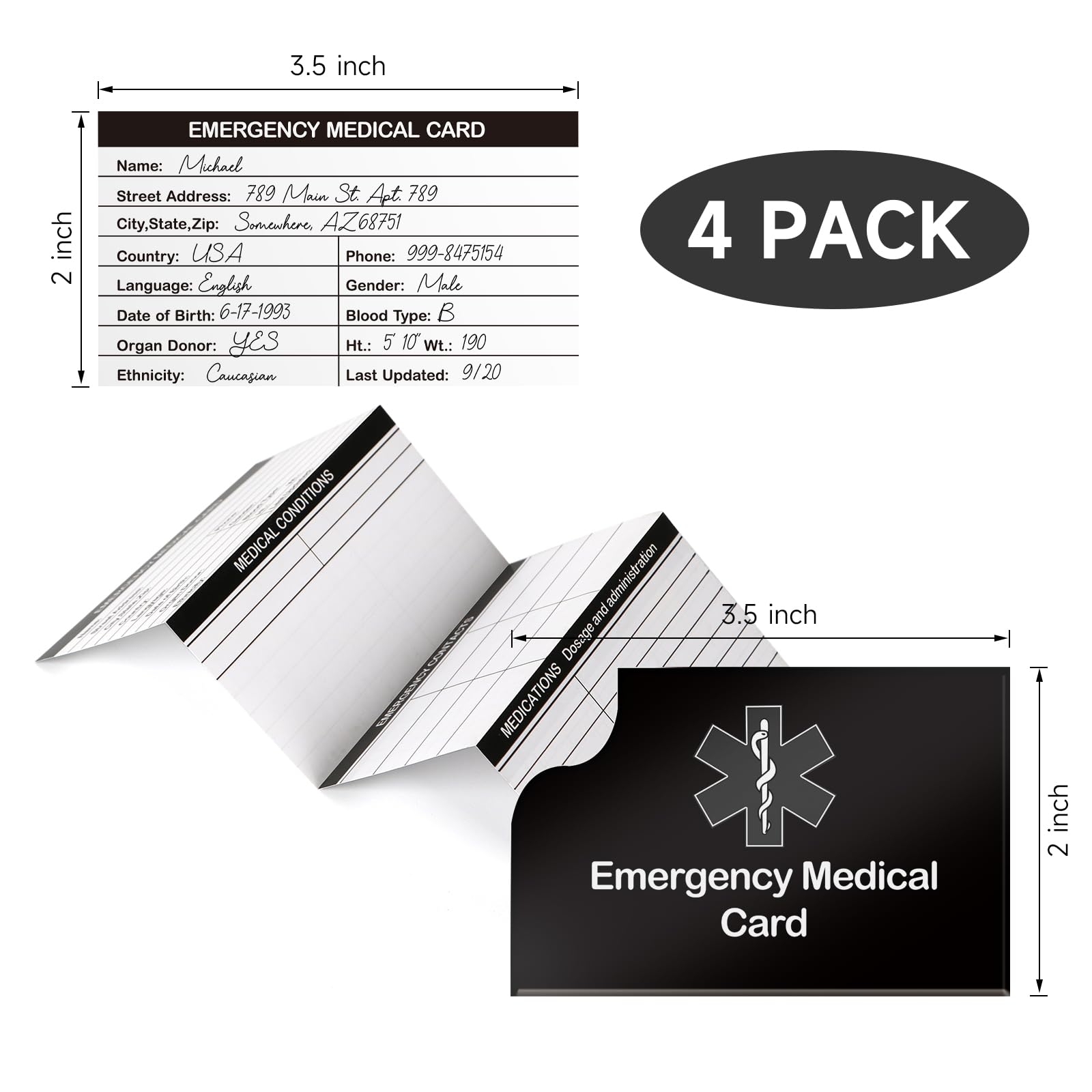 Amazon 4 Pack Emergency Medical Information Id Card Red Medical Condition And Emergency Contact Id Wallet Card Medical Alert Wallet Card Pocket Size Medication List And Medical Cards For Caretakers Black 