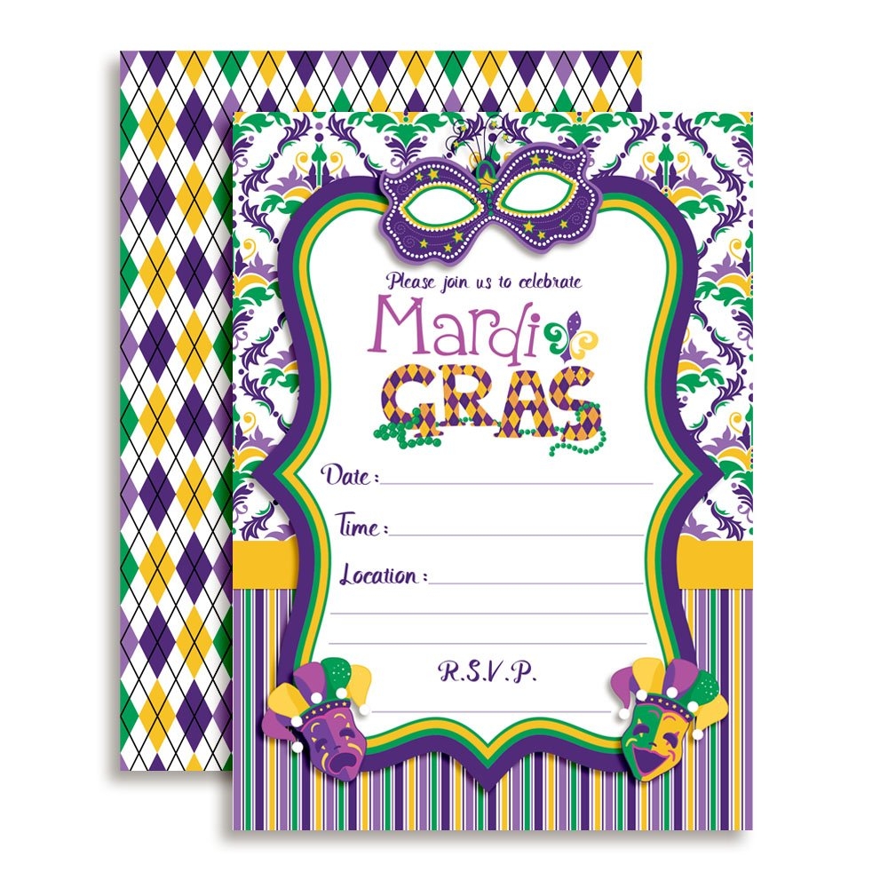 Amazon Amanda Creation Mardi Gras Masks Fill In Party Invitations Set Of 20 Including Envelopes Home Kitchen