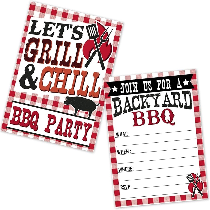 Amazon BBQ Invitations Summer Backyard Picnic Grill Cookout Invites 20 Count With Envelopes Pig Roast Let s Grill And Chill Home Kitchen