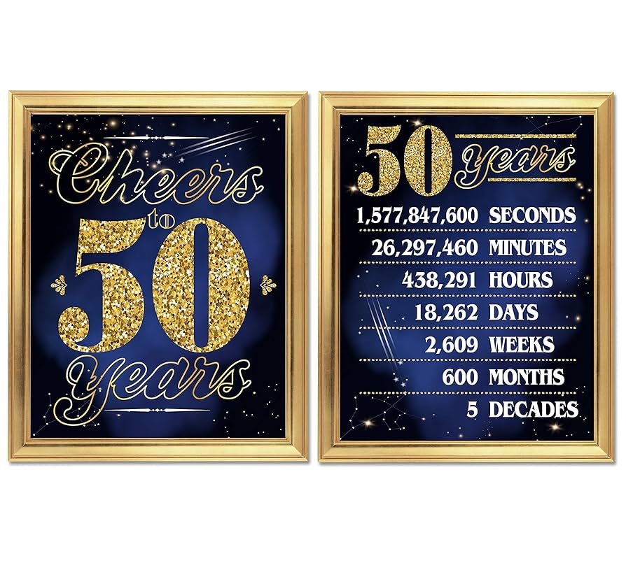Amazon Cheers To 50 Years Print Great For 50th Birthday Decoration Happy Birthday Banner Anniversary Decor And Family Reunions 11x14 Unframed Art Prints In Blue And Gold Designs Set Of 2 