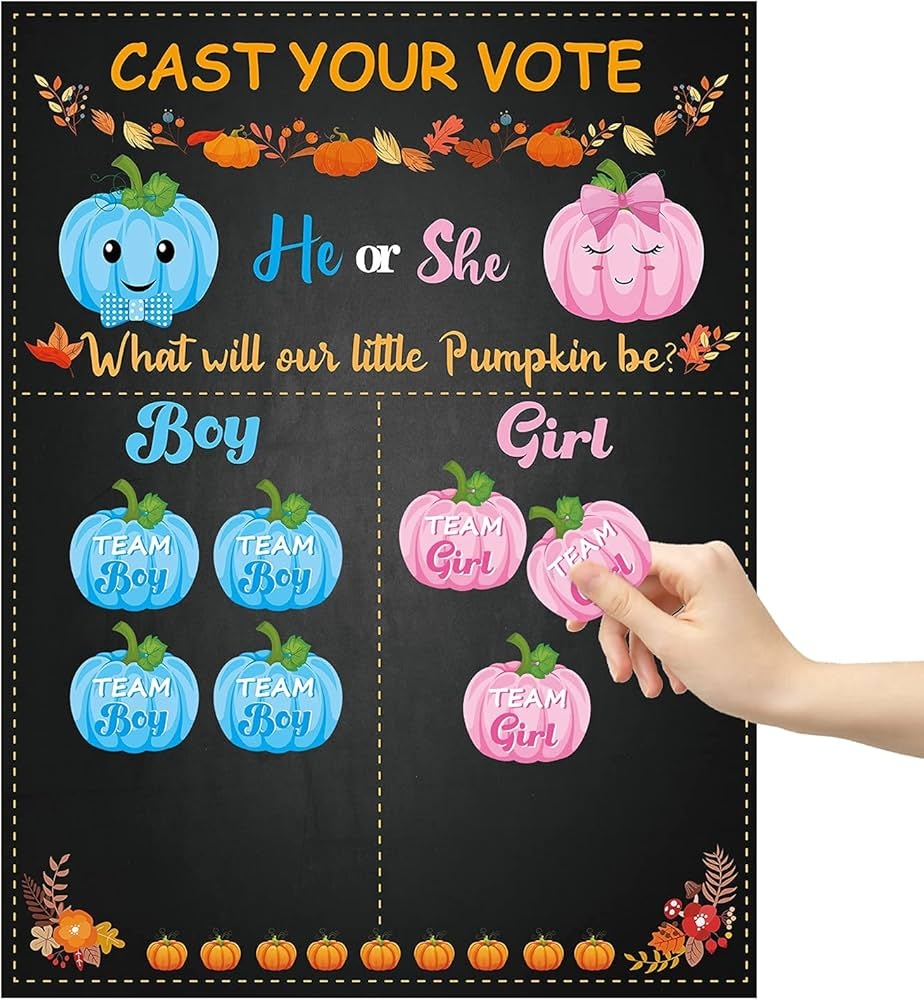 Amazon OSNIE Pumpkin Gender Reveal Party Games Cast Your Vote Poster With Team Boy Team Girl Stickers For He Or She Halloween Thanksgiving What Will Our Little Pumpkin Be Gender Reveal Decorations