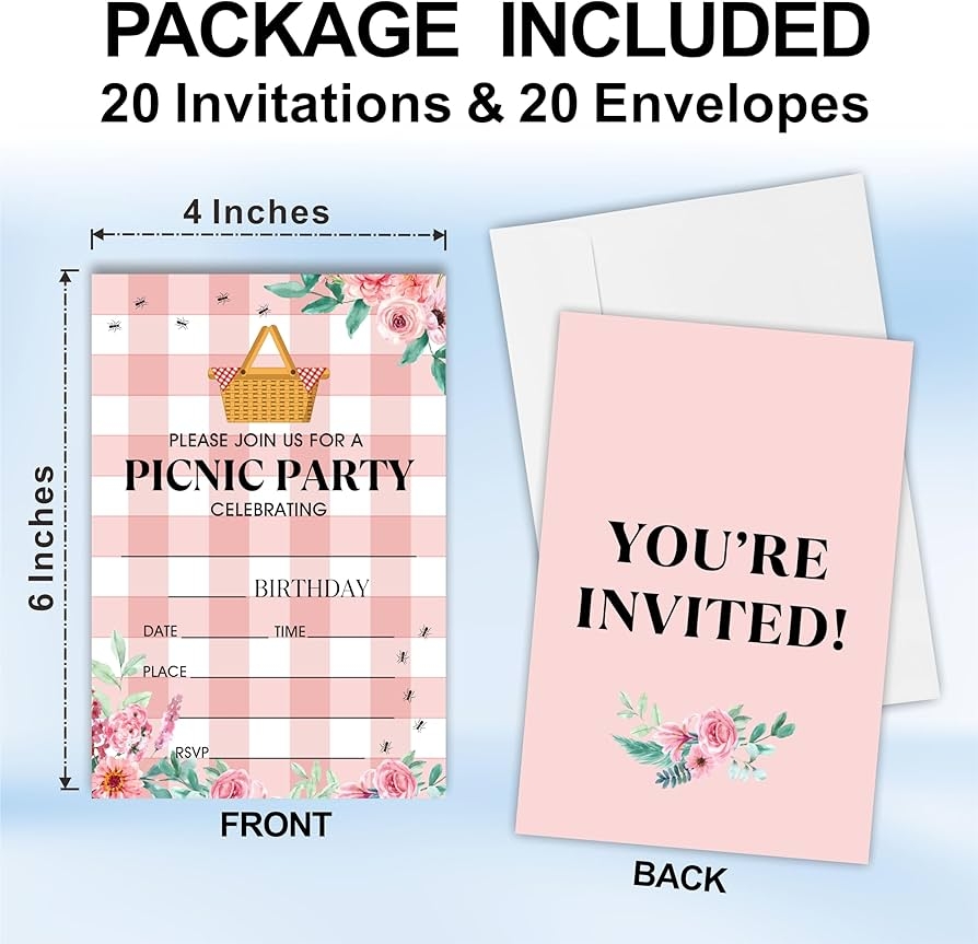 Amazon Picnic Party Invitation For Birthday 20 Double Sided Fill In Floral Plaid Tablecloth Birthday Invite Cards With Envelopes For Kids Teens Girls Party Favor Decorations C06 