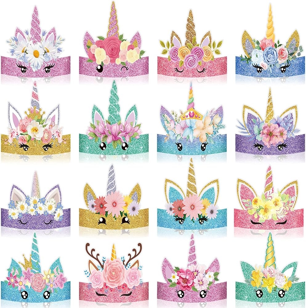 Amazon Sinmoe 32 Pcs Unicorn Party Supplies Birthday Hats Paper Crowns Headbands For Girls Princess Boys Dress Up Theme With 16 Styles Toys Games
