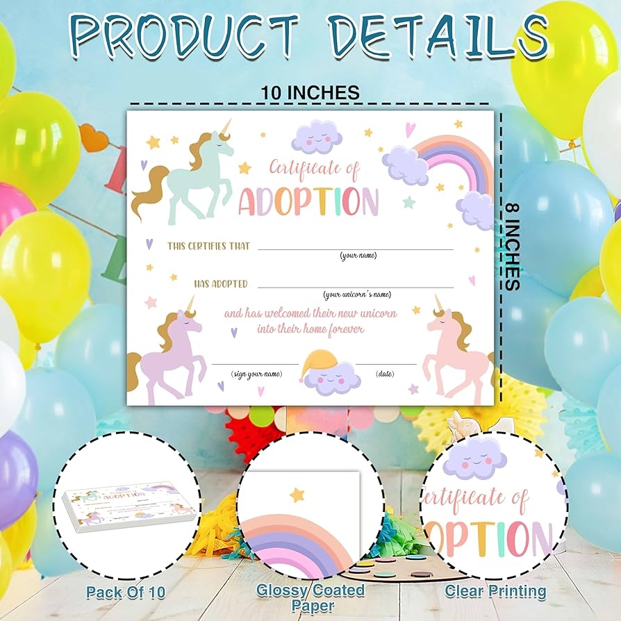 Amazon Unicorn Adoption Certificate Adopt A Unicorn Certificate For Girl Kids Rainbow Unicorn Adoption Party Decorations Magical Birthday Party Favors Supplies 10 Adoption Certificates CC12 Office Products