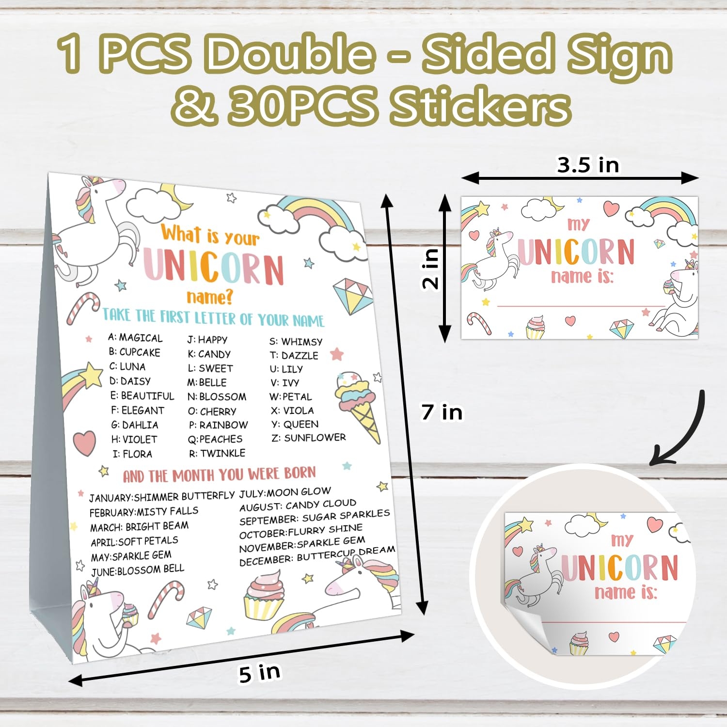 Amazon What Is Your Unicorn Name Game Set Including 1 Unicorn Name Game Double Sided Sign 1 Unicorn Tall Standing Wooden Sign And 30 Name Sticker Unicorn Birthday Party Sign For Girls