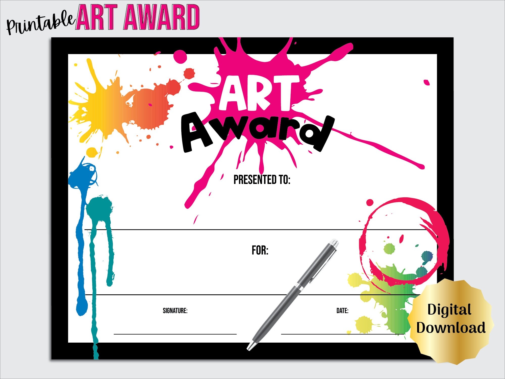 Art Award Certificate Printable Art Class Or Student Art Exhibit Editable PDF Digital Download Art Teacher Award Etsy