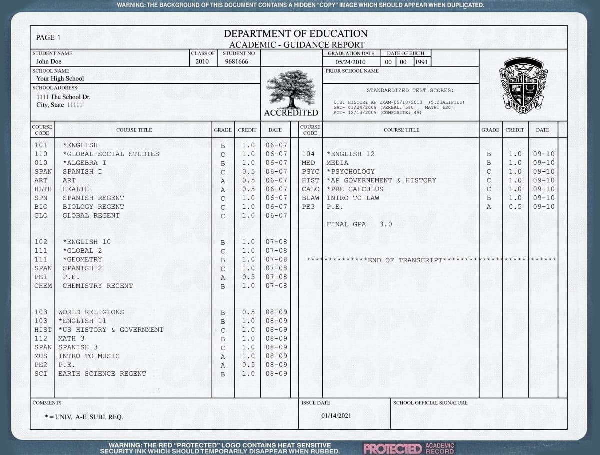 Authentic Fake High School Transcripts