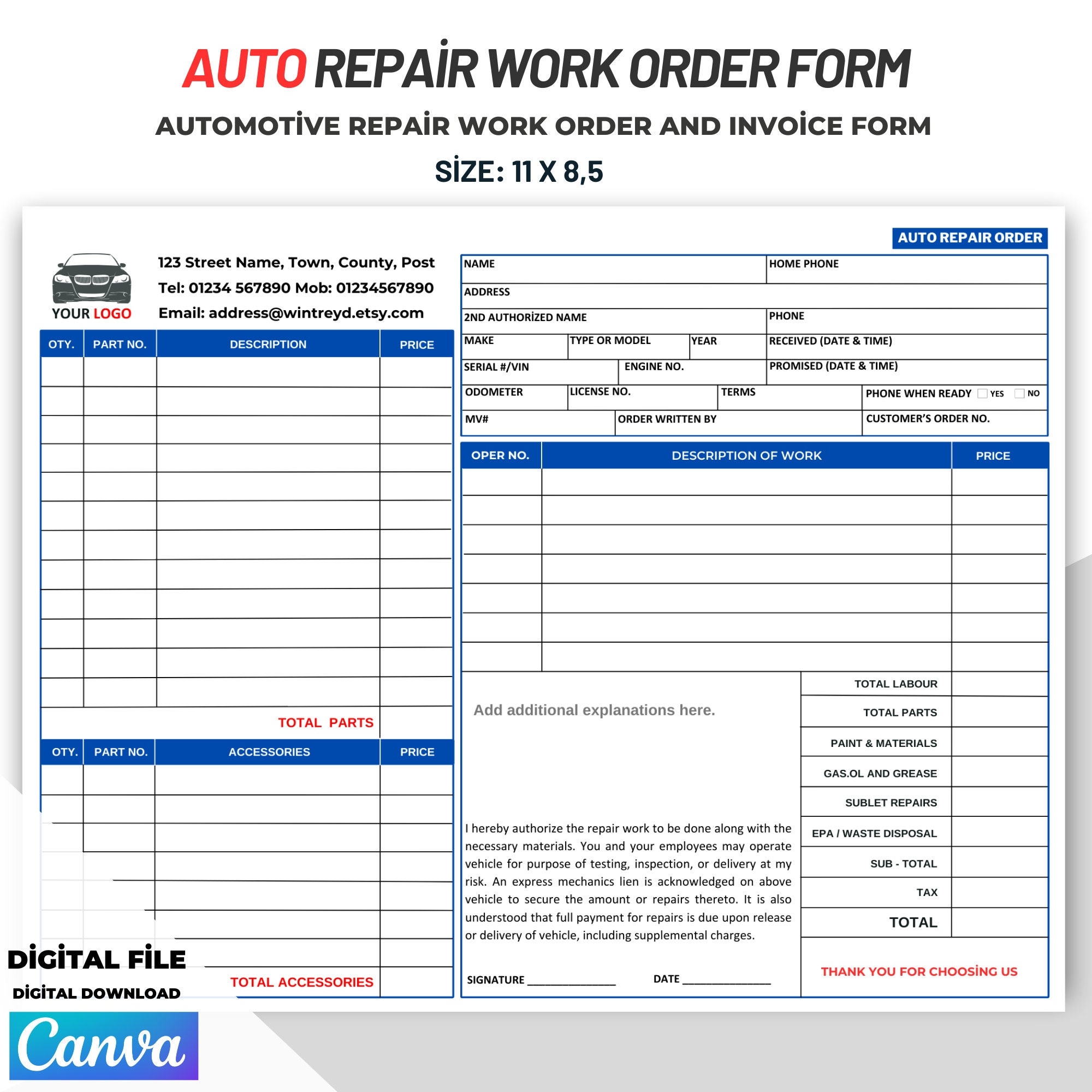 Auto Repair Work Order And Invoice Form Auto Repair Order Form Template 1 Etsy