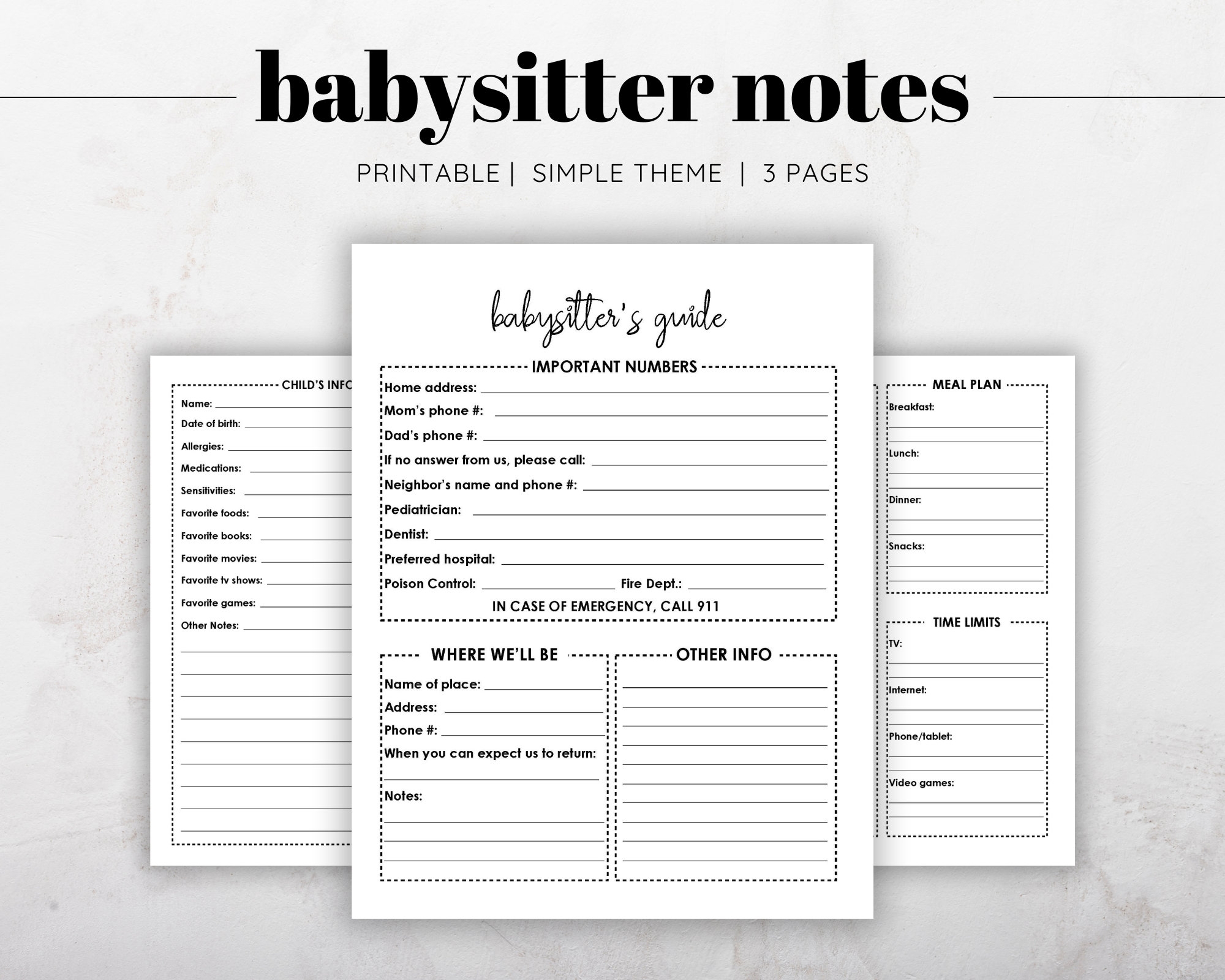 Babysitter s Information Printable Babysitter Log Printable Babysitter Notes Nanny Log Printable Nanny Notes Emergency Contact Etsy