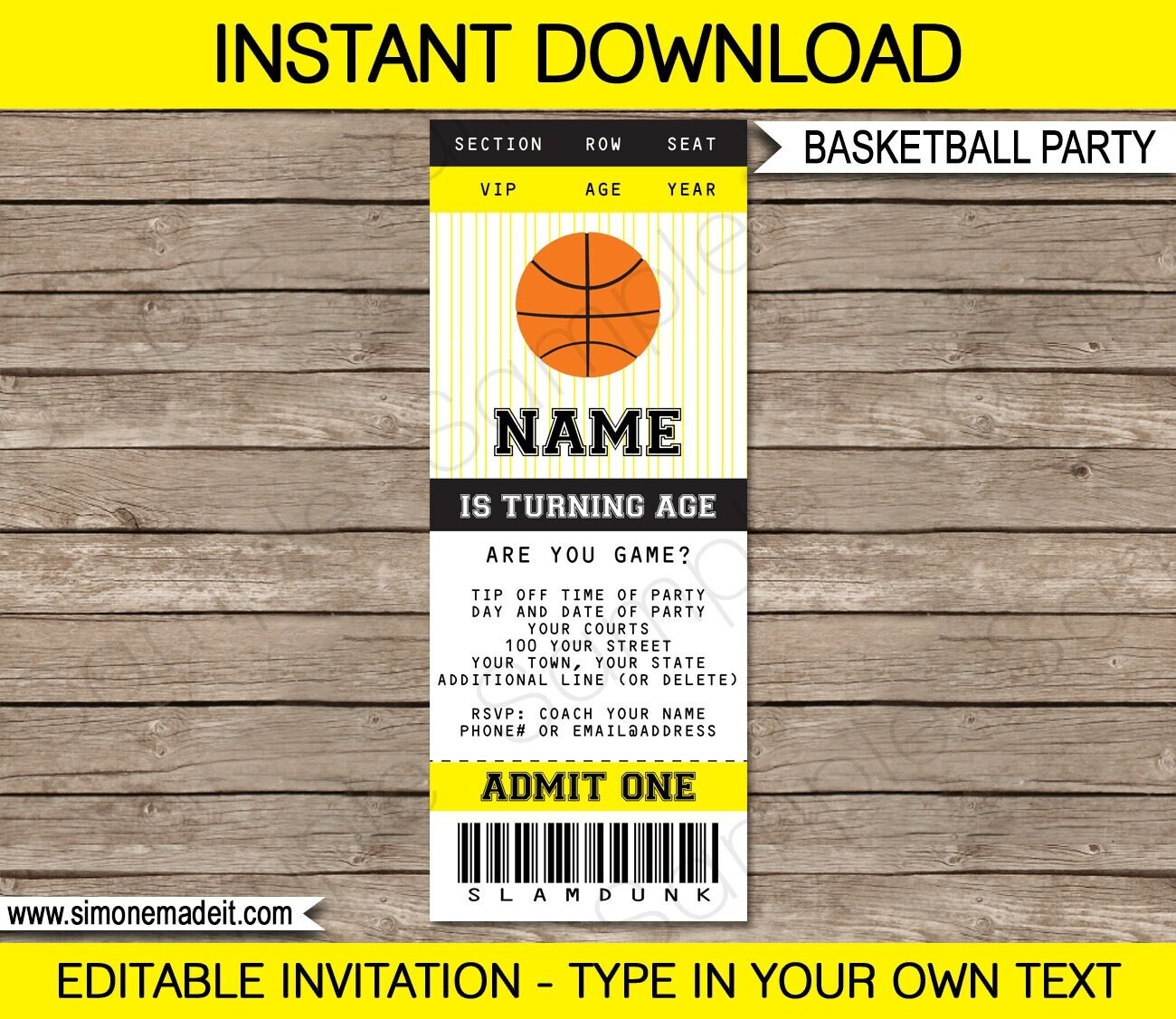 Basketball Ticket Invitation Template Printable Birthday Party Invite Black Yellow INSTANT DOWNLOAD EDITABLE Text You Edit Etsy