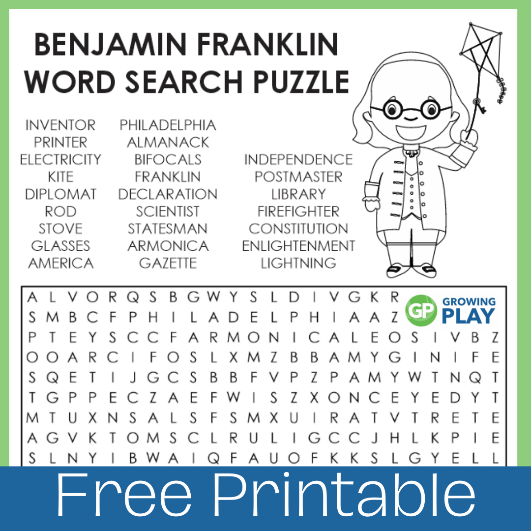 Benjamin Franklin Word Search Free Printable Growing Play