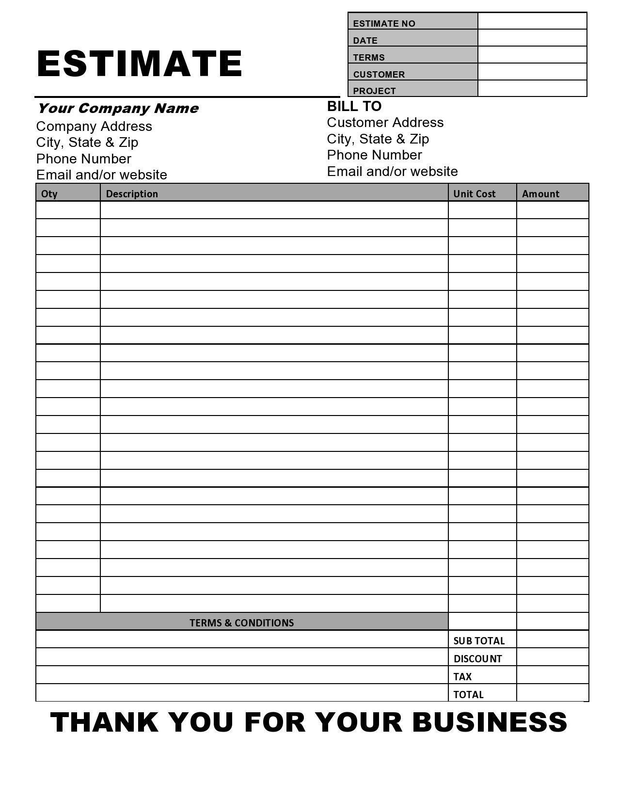 Blank Estimate Form Template