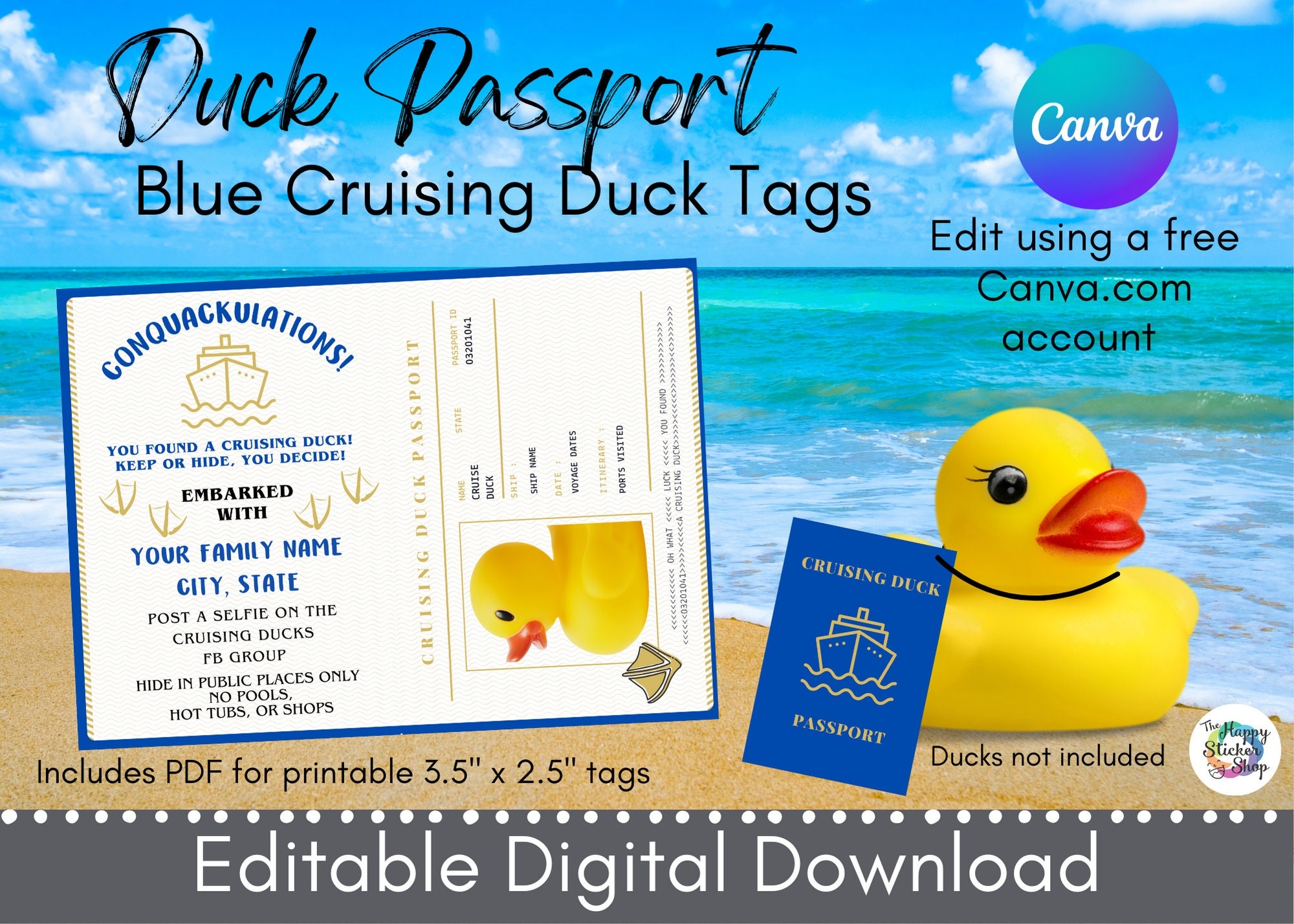 Blue Passport Cruising Ducks Digital Download Editable Printable Tag Template Canva Editable Tag For Cruise Print At Home Etsy