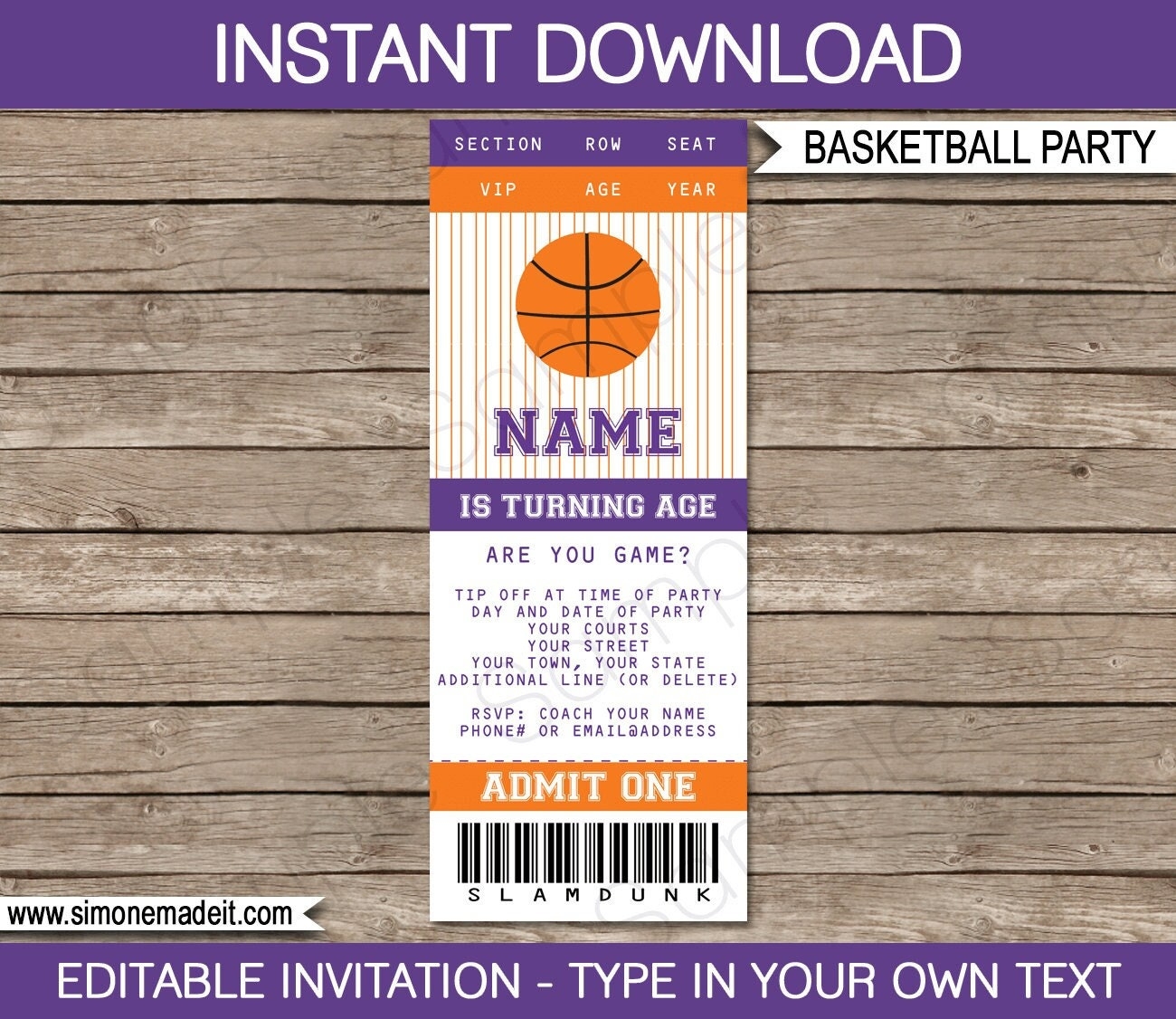 Buy Basketball Ticket Invitation Template Printable Birthday Party Invite Purple Orange INSTANT DOWNLOAD EDITABLE Text You Edit Online In India Etsy